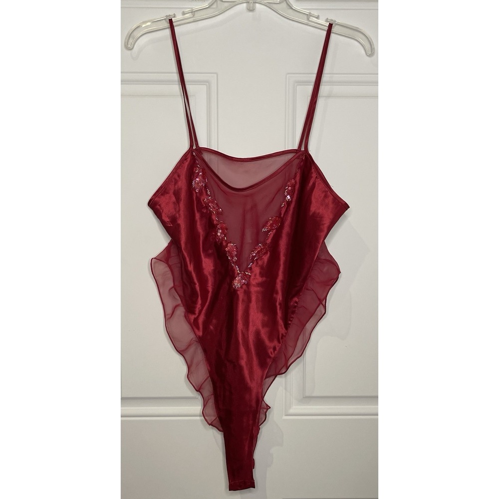 Vintage Victoria's Secret Gold Label Large Red Satin Sheer Sequin Teddy Bodysuit
